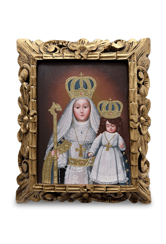 Virgen del Buen Suceso de la Purificación en lienzo con manto azul (Escuela de Arte Cusqueña) (30cm x 40cm)