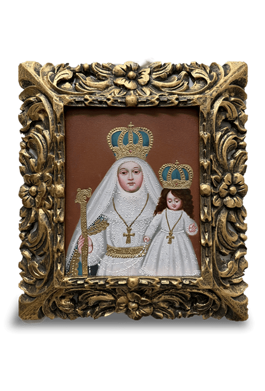 Virgen del Buen Suceso de la Purificación en lienzo con manto azul (Escuela de Arte Cusqueña) (20cm x 25cm)