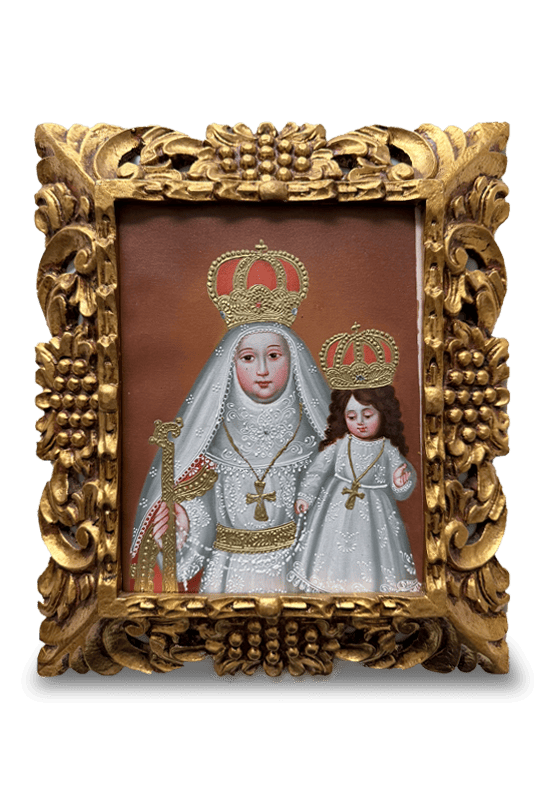 Virgen del Buen Suceso de la Purificación en lienzo con manto rojo (Escuela de Arte Cusqueña) (20cm x 25cm)