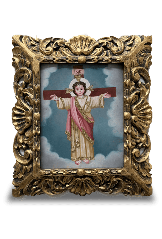 Niño Jesús Crucificado en el Pichincha en lienzo (Escuela de Arte Cusqueña) (20cm x 25cm)