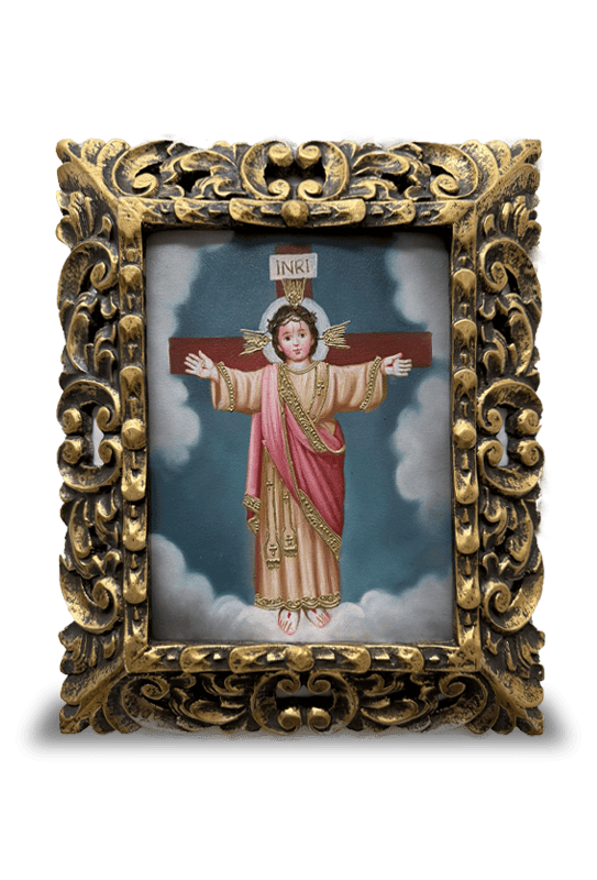 Niño Jesús Crucificado en el Pichincha en lienzo (Escuela de Arte Cusqueña) (20cm x 25cm)