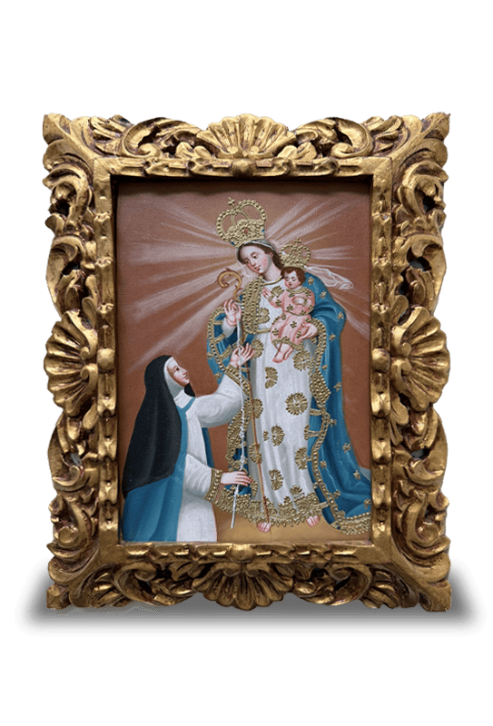 Virgen del Buen Suceso con Madre Mariana en lienzo (Escuela de Arte Cusqueña) (20cm x 30cm)