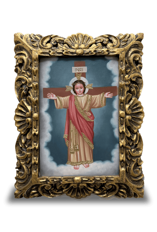 Niño Jesús Crucificado en el Pichincha en lienzo (Escuela de Arte Cusqueña) (20cm x 30cm)
