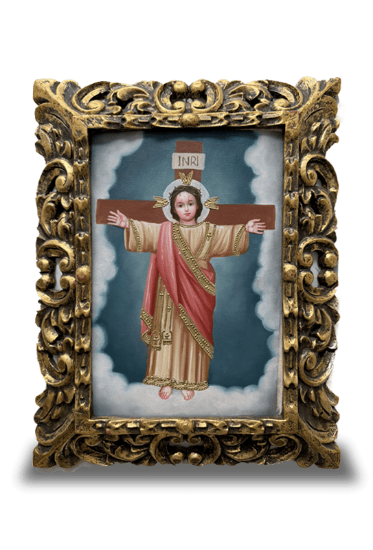 Niño Jesús Crucificado en el Pichincha en lienzo (Escuela de Arte Cusqueña) (20cm x 30cm)