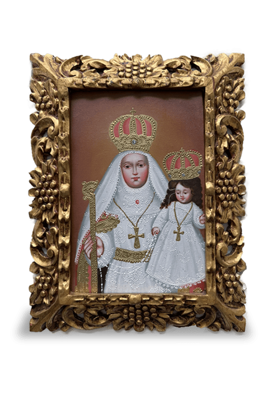 Virgen del Buen Suceso de la Purificación en lienzo con manto rojo (Escuela de Arte Cusqueña) (20cm x 30cm)