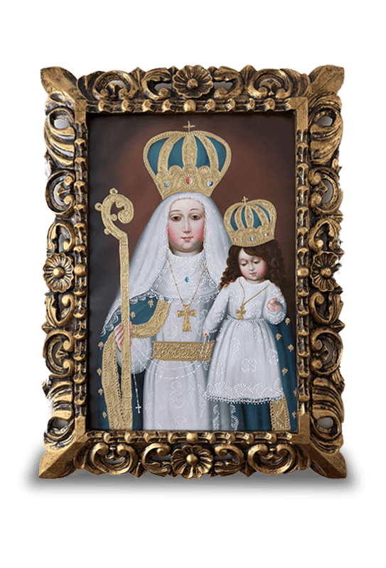 Virgen del Buen Suceso de la Purificación en lienzo con manto azul (Escuela de Arte Cusqueña) (40cm x 60cm)