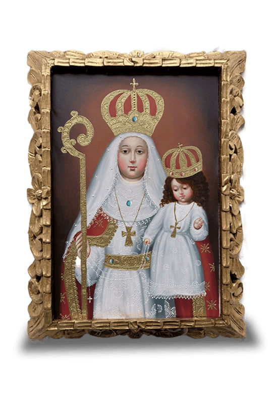 Virgen del Buen Suceso de la Purificación en lienzo con manto rojo (Escuela de Arte Cusqueña) (40cm x 60cm)