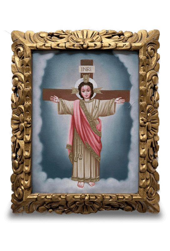 Niño Jesús Crucificado en el Pichincha en lienzo (Escuela de Arte Cusqueña) (30cm x 40cm)
