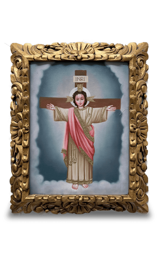 Niño Jesús Crucificado en el Pichincha en lienzo (Escuela de Arte Cusqueña) (30cm x 40cm)