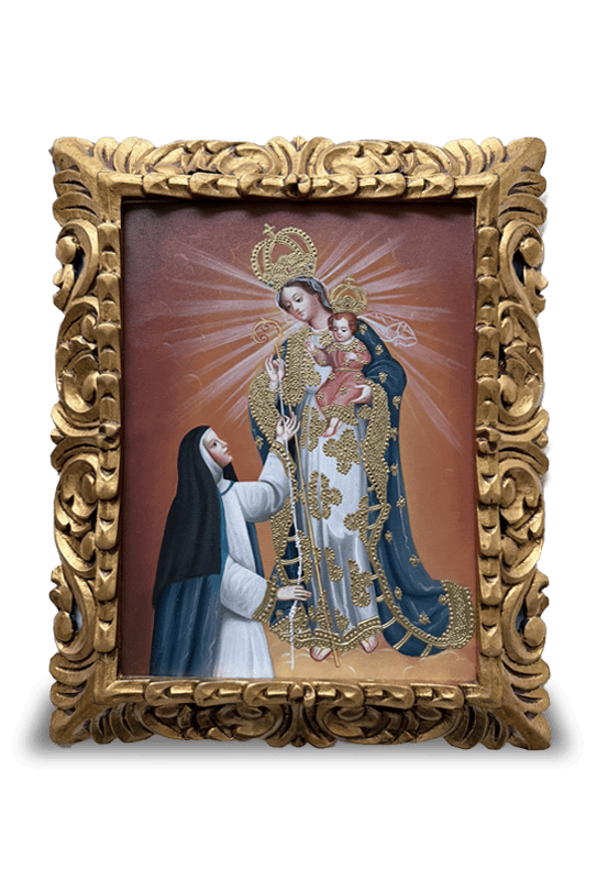 Virgen del Buen Suceso con Madre Mariana en lienzo (Escuela de Arte Cusqueña) (30cm x 40cm)