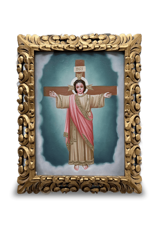 Niño Jesús Crucificado en el Pichincha en lienzo (Escuela de Arte Cusqueña) (30cm x 40cm)
