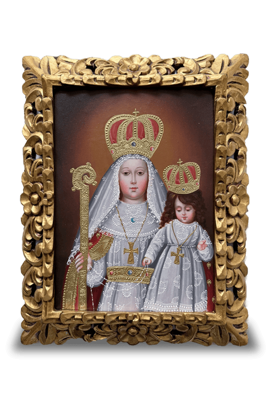 Virgen del Buen Suceso de la Purificación en lienzo con manto rojo (Escuela de Arte Cusqueña) (30cm x 40cm)